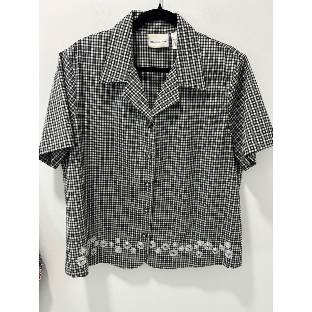 Alfred Dunner Black White Plaid Embroidered Button Down Shirt Women 14